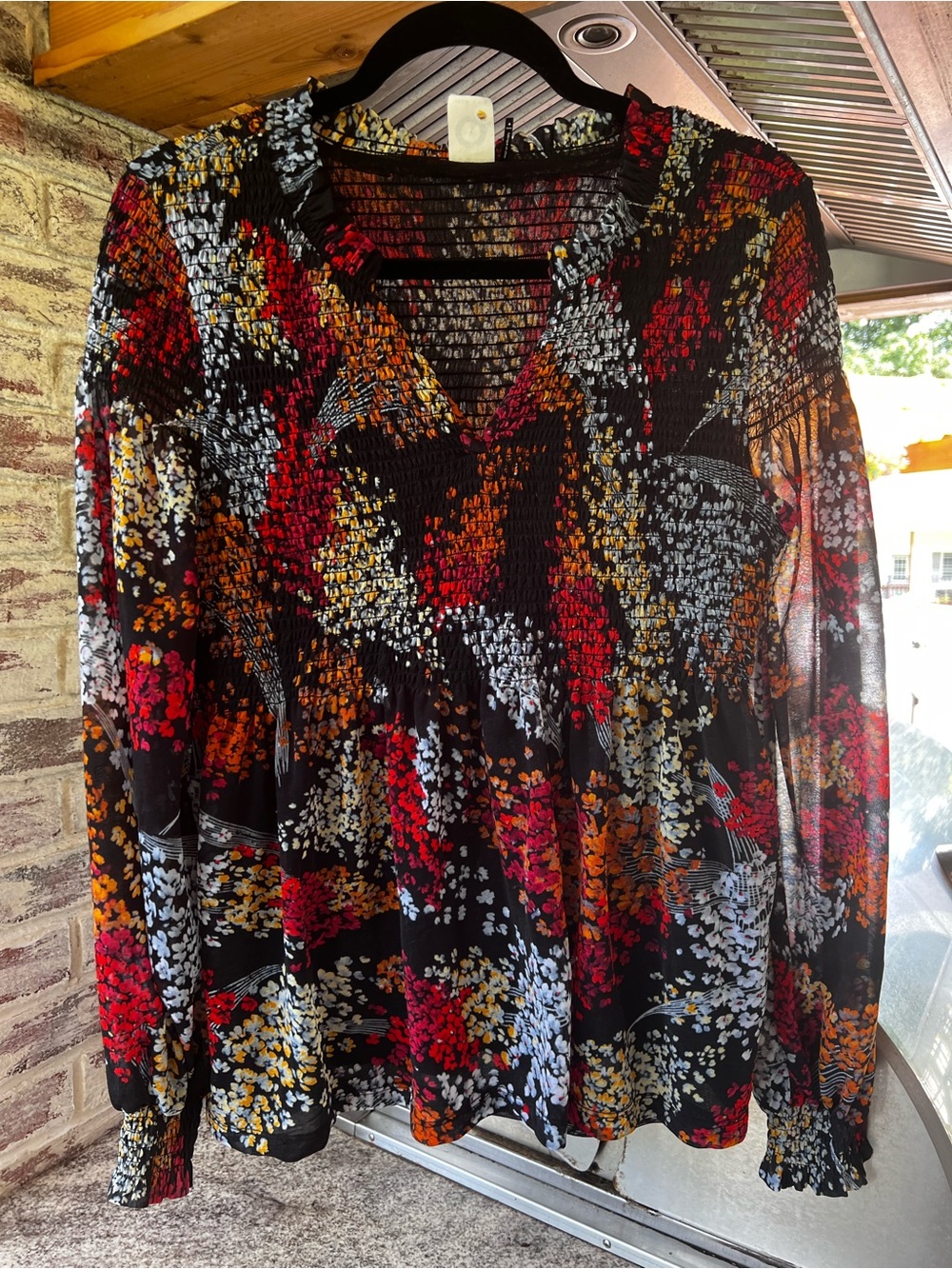 Anthropologie Black Floral Smocked V-Neck Blouse with Red and Gold Accents